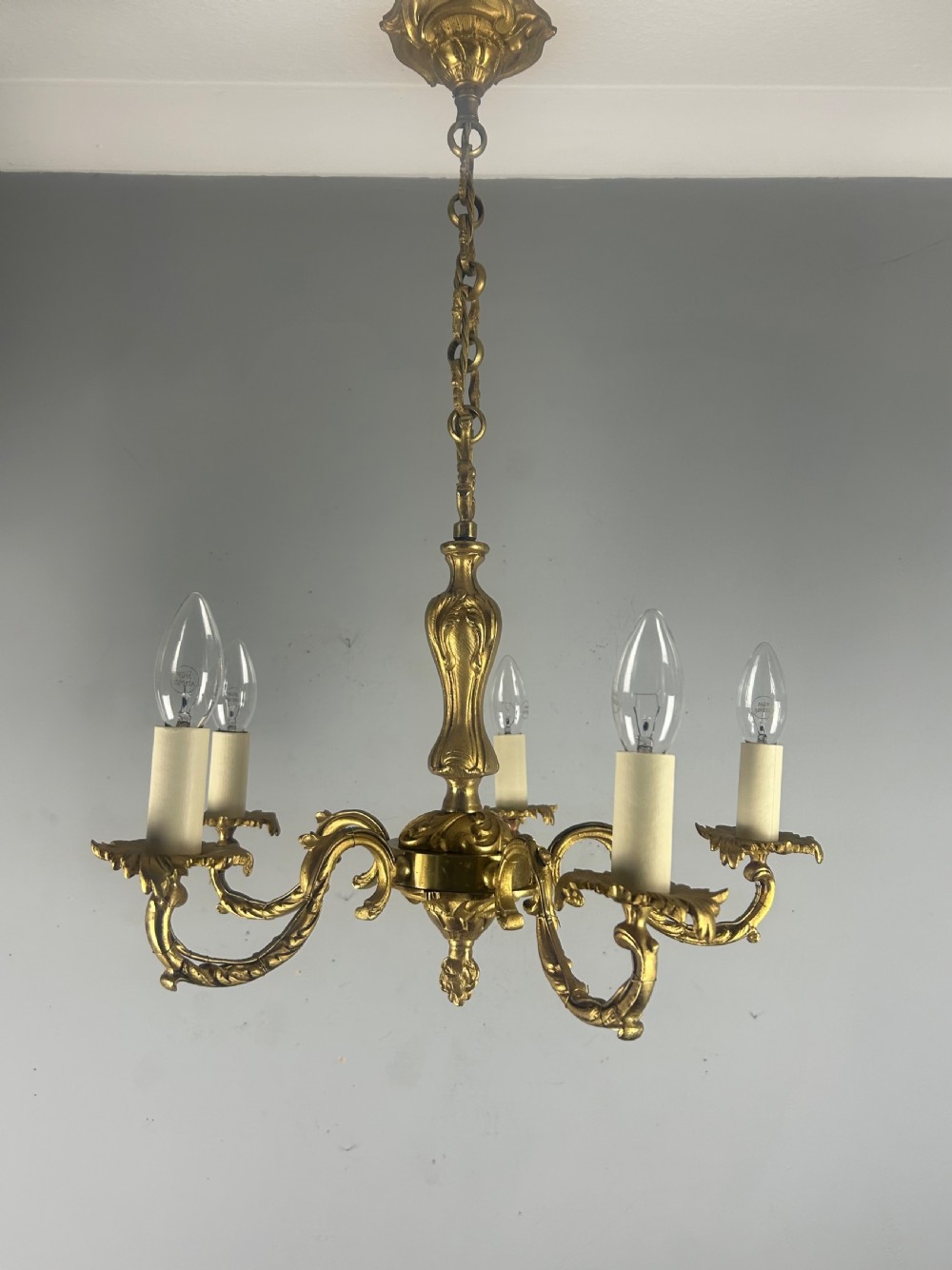 French 5 Light Antique Chandelier, Rewired 