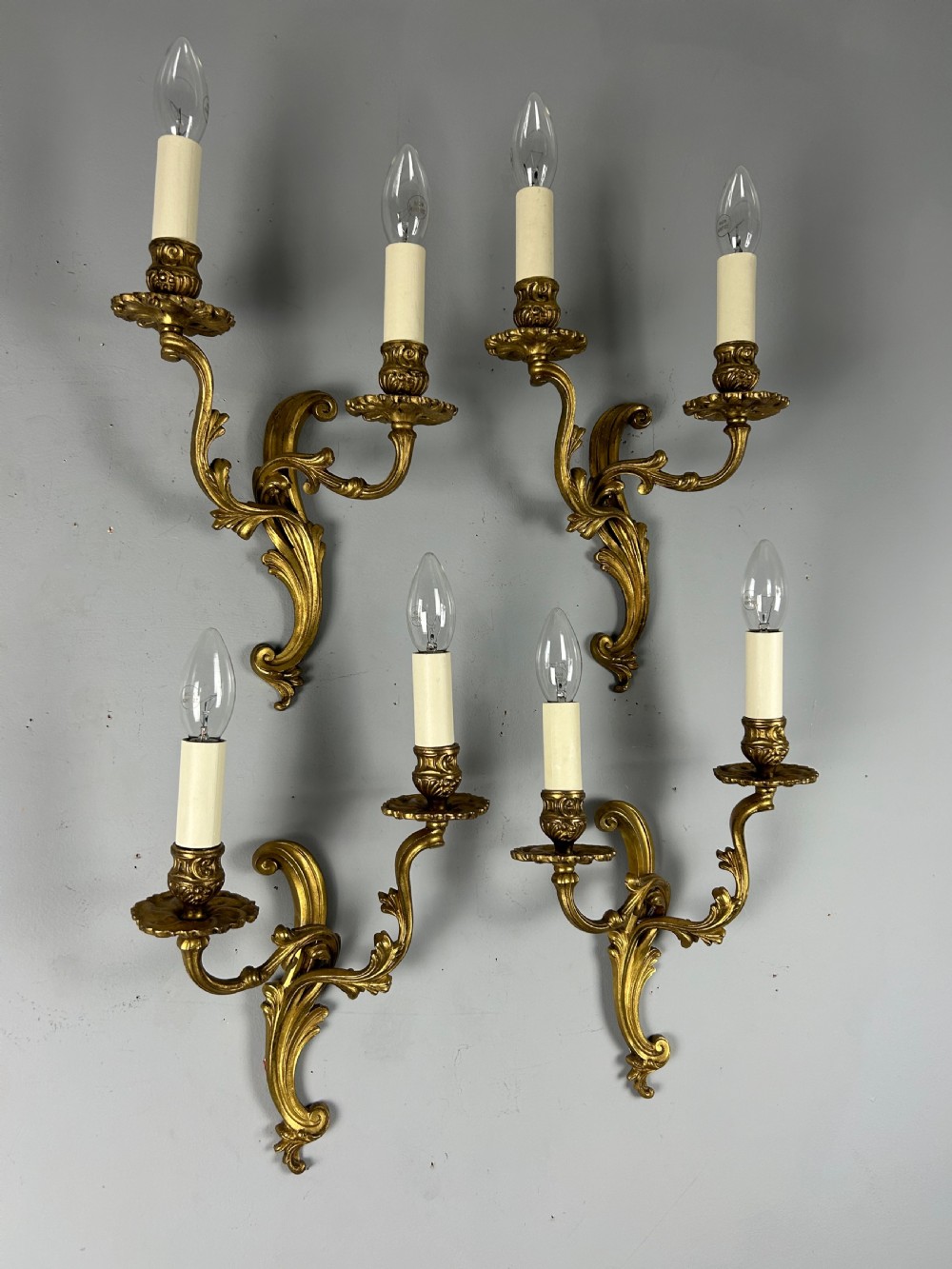 Set Of 4 French Gilded Twin Arm Antique Wall Lights View IX