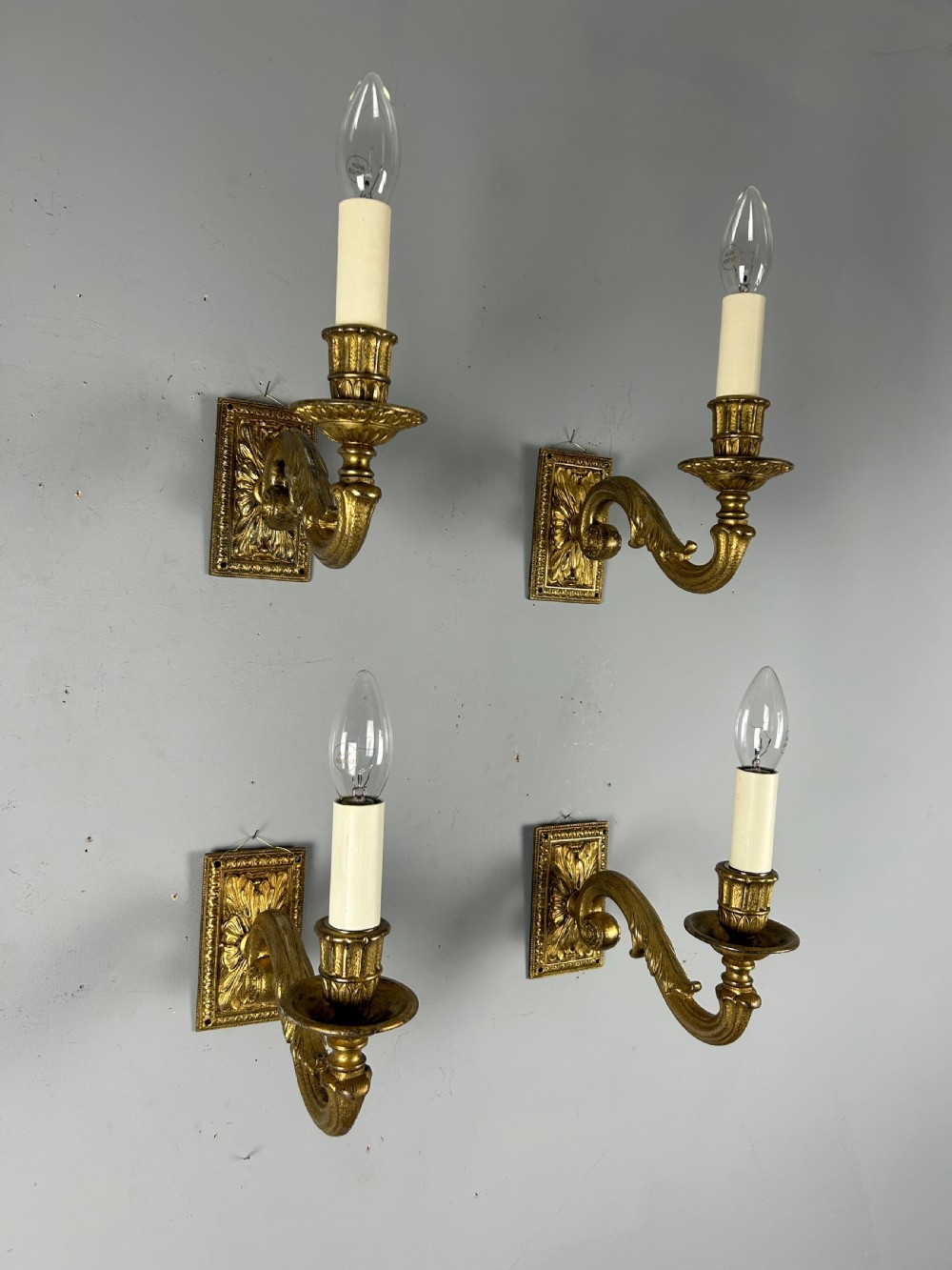 A Set of 4 Single Arm Gilt Brass Antique Wall Lights Rewired