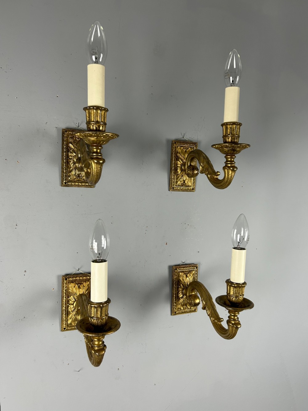 A Set of 4 Single Arm Gilt Brass Antique Wall Lights Rewired View II