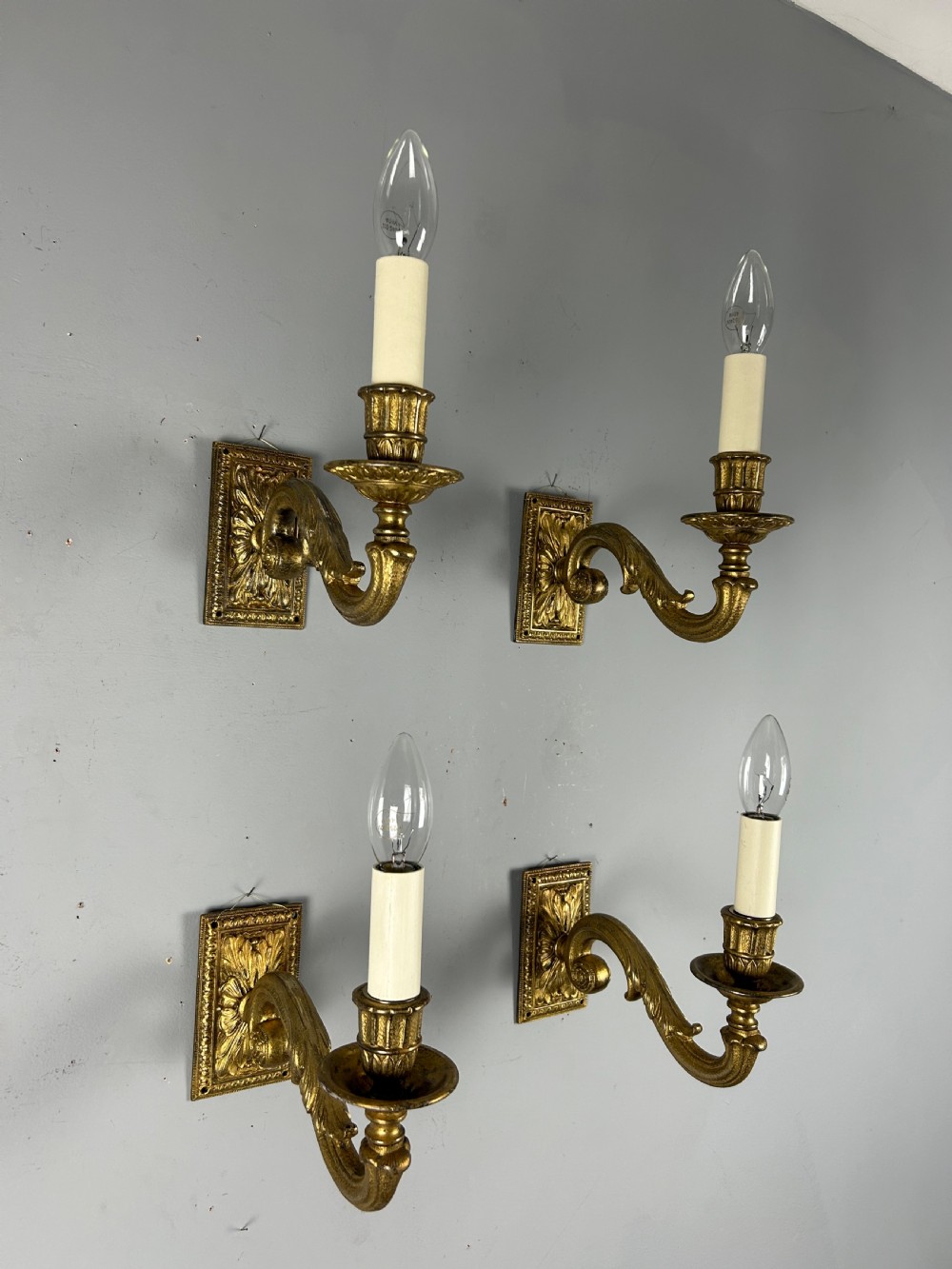 A Set of 4 Single Arm Gilt Brass Antique Wall Lights Rewired View V
