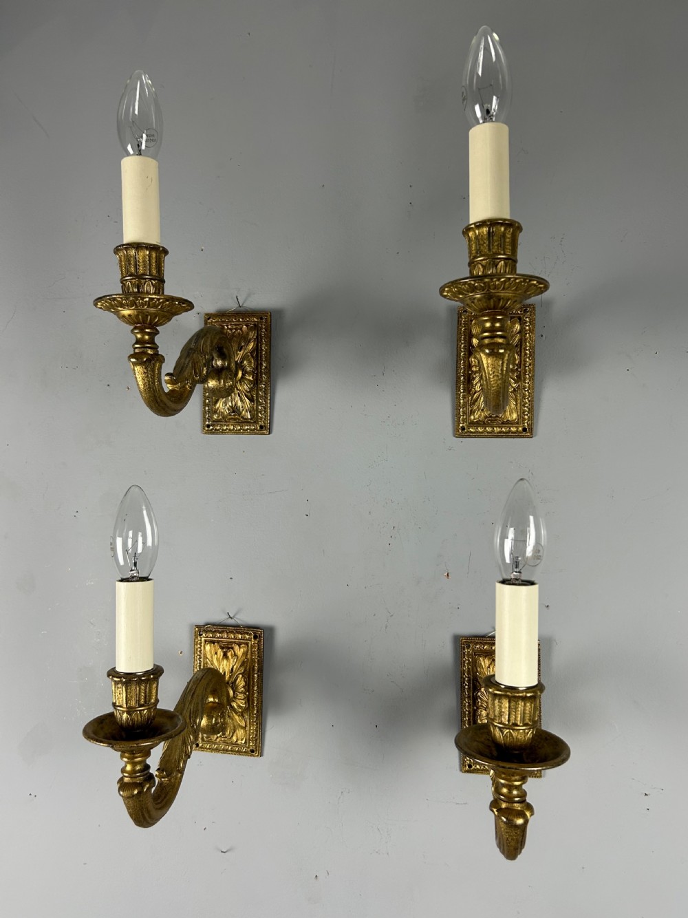 A Set of 4 Single Arm Gilt Brass Antique Wall Lights Rewired View VII