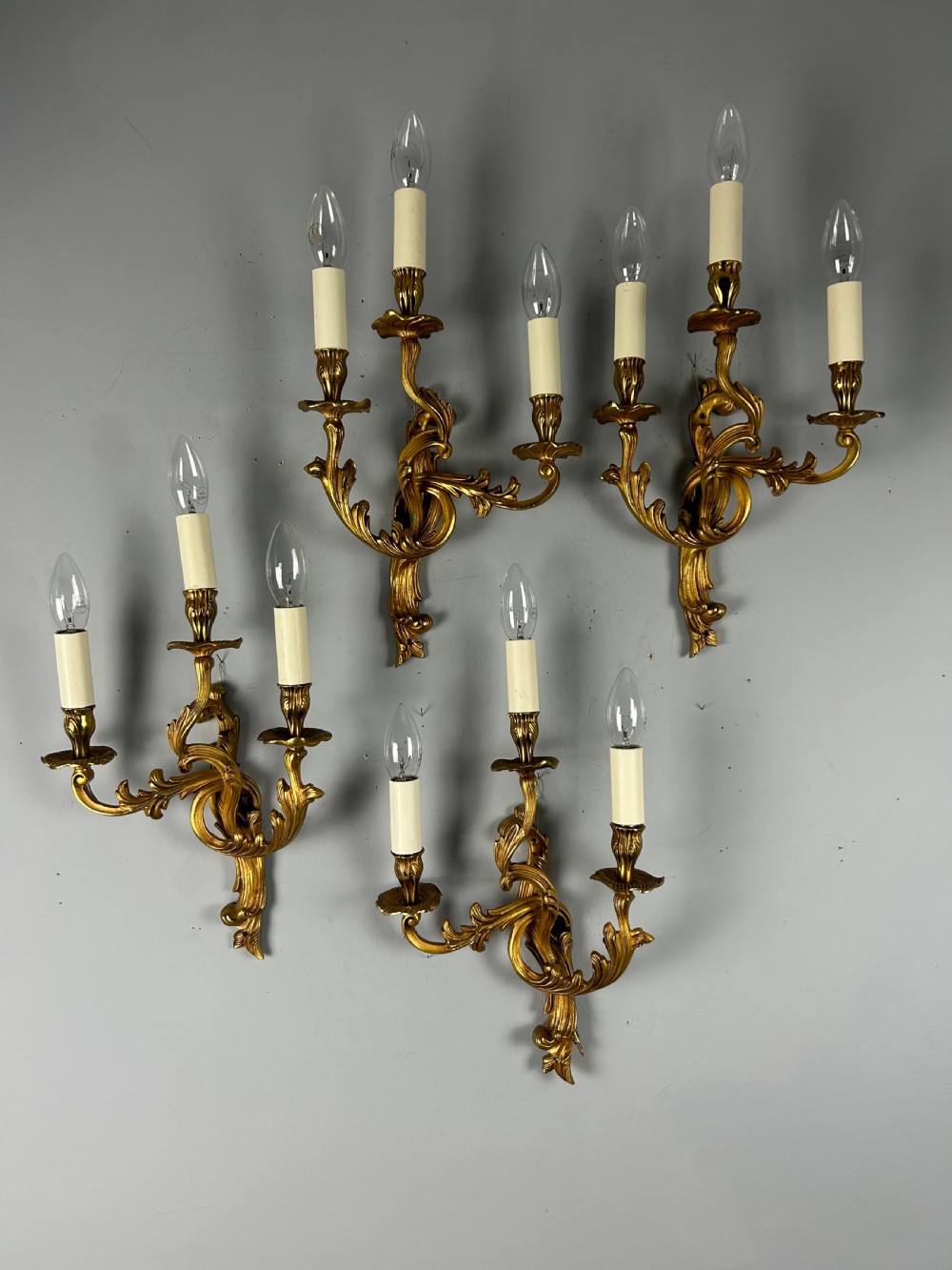 Set Of 4 French Gilded Triple Arm Antique Wall Lights View VI