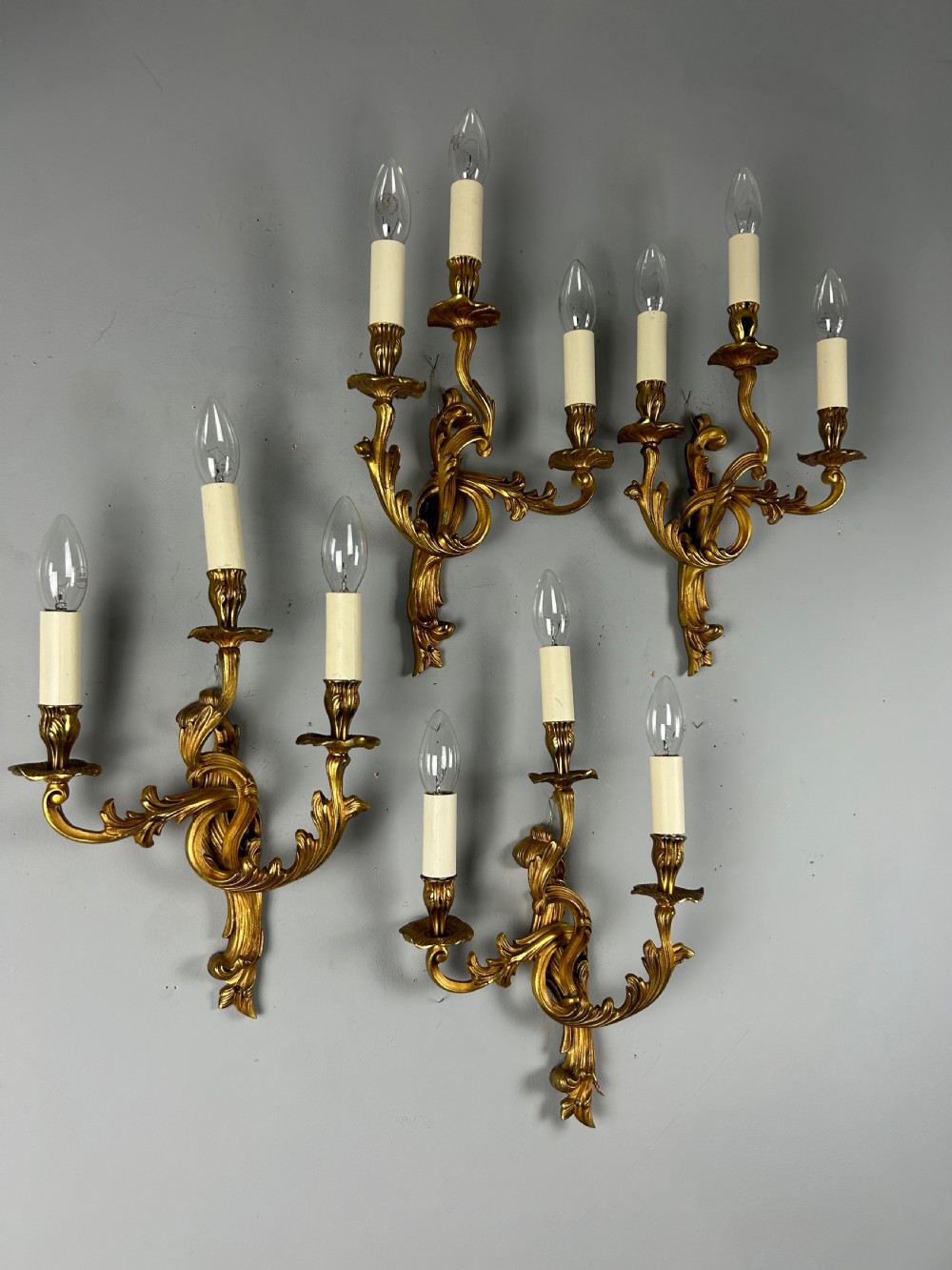 Set Of 4 French Gilded Triple Arm Antique Wall Lights View VII