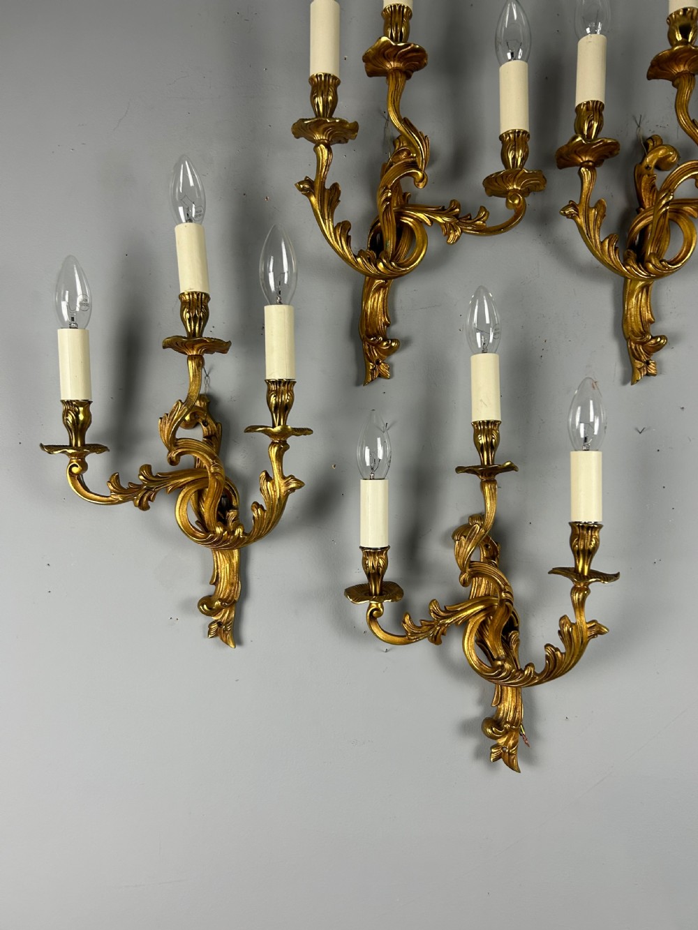 Set Of 4 French Gilded Triple Arm Antique Wall Lights View VIII