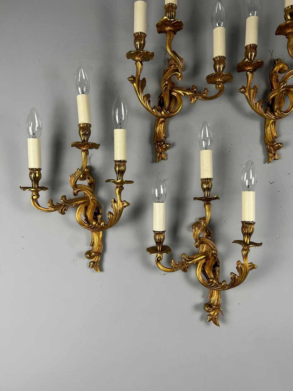 Set Of 4 French Gilded Triple Arm Antique Wall Lights View IX
