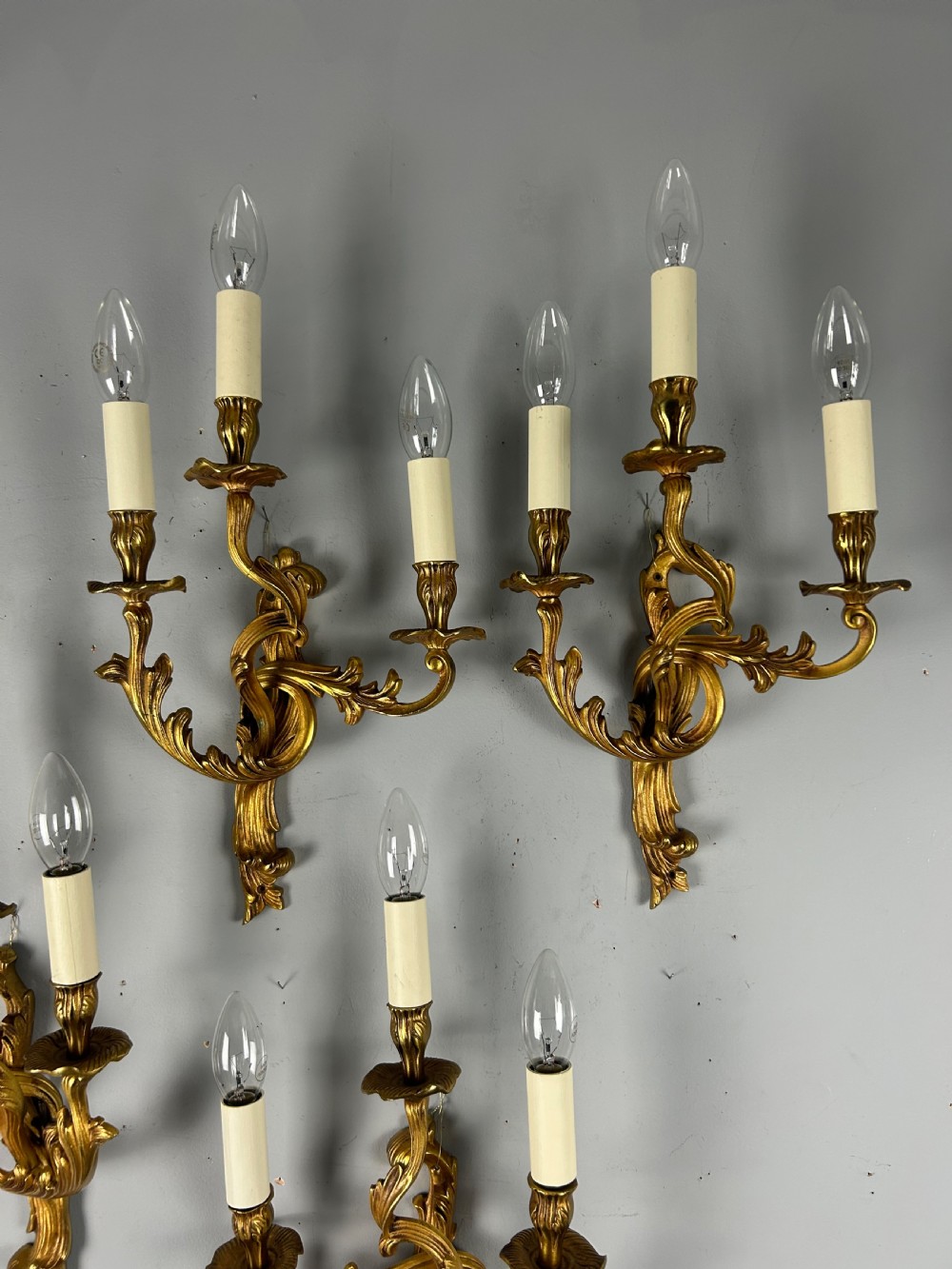 Set Of 4 French Gilded Triple Arm Antique Wall Lights View X