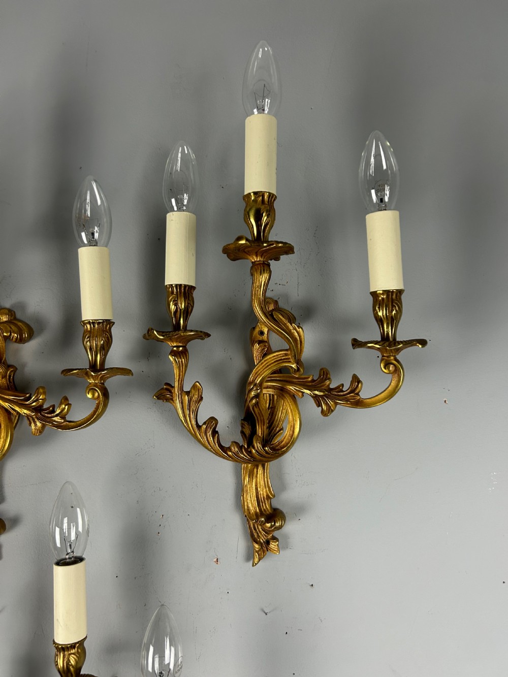 Set Of 4 French Gilded Triple Arm Antique Wall Lights View XI