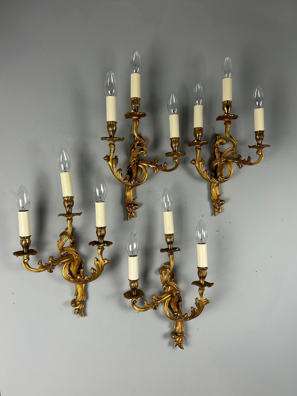 Set Of 4 French Gilded Triple Arm Antique Wall Lights View XII
