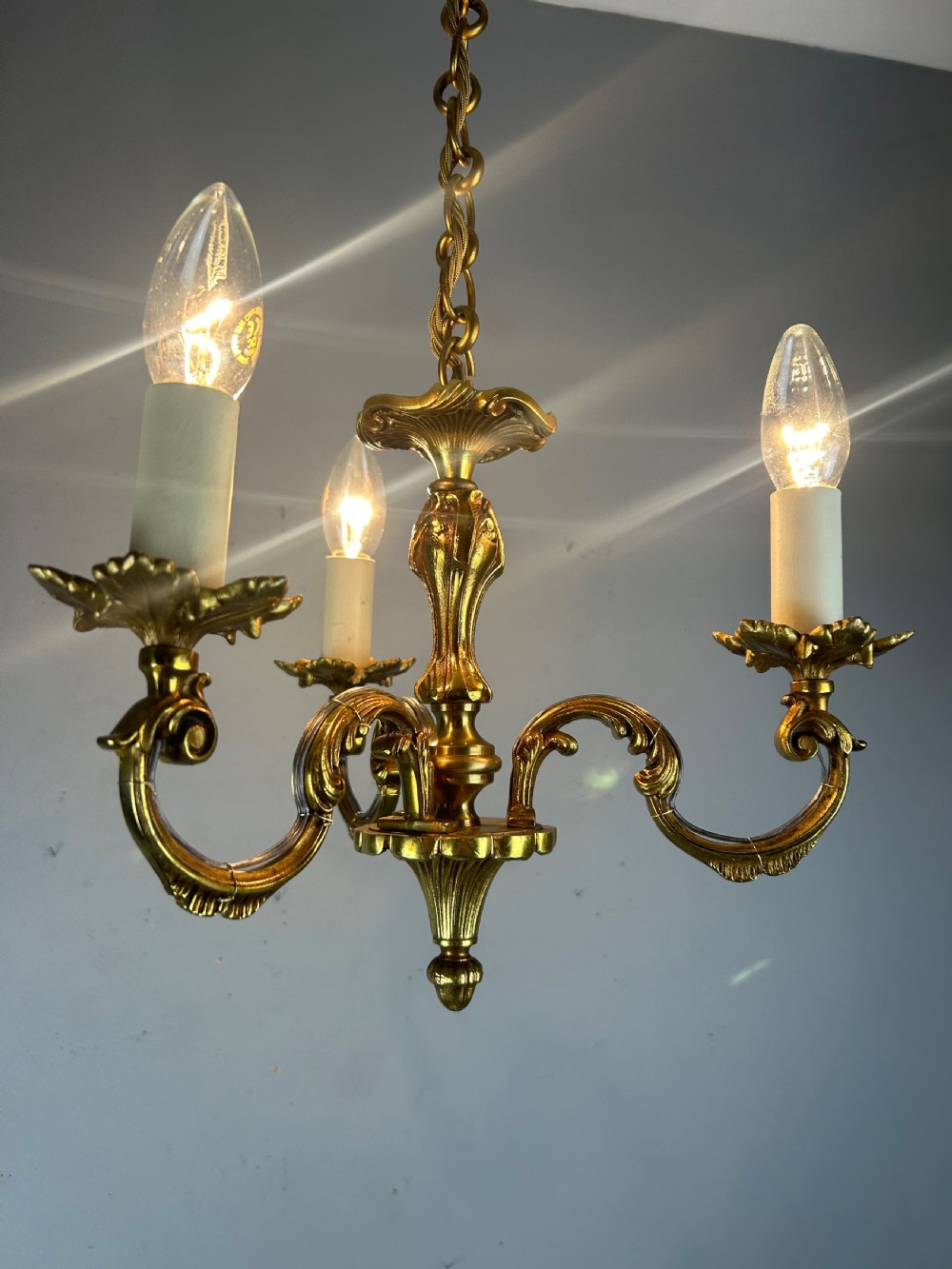 French Triple Light Antique Chandelier, Rewired View II