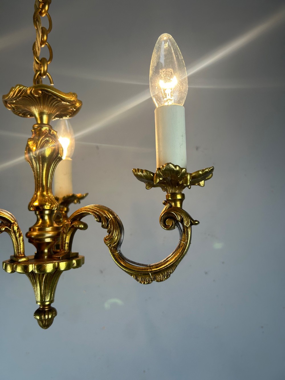 French Triple Light Antique Chandelier, Rewired View V