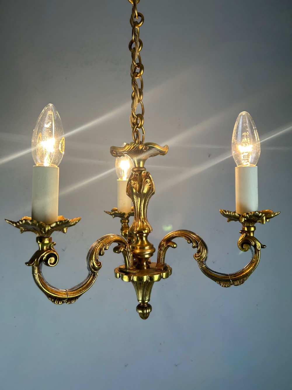 French Triple Light Antique Chandelier, Rewired View VI