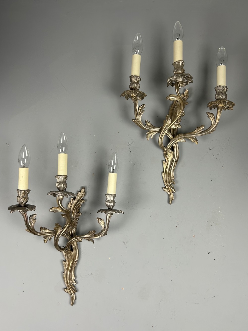Pair Of French Triple Arm Silver Gilt Brass Antique Wall Lights