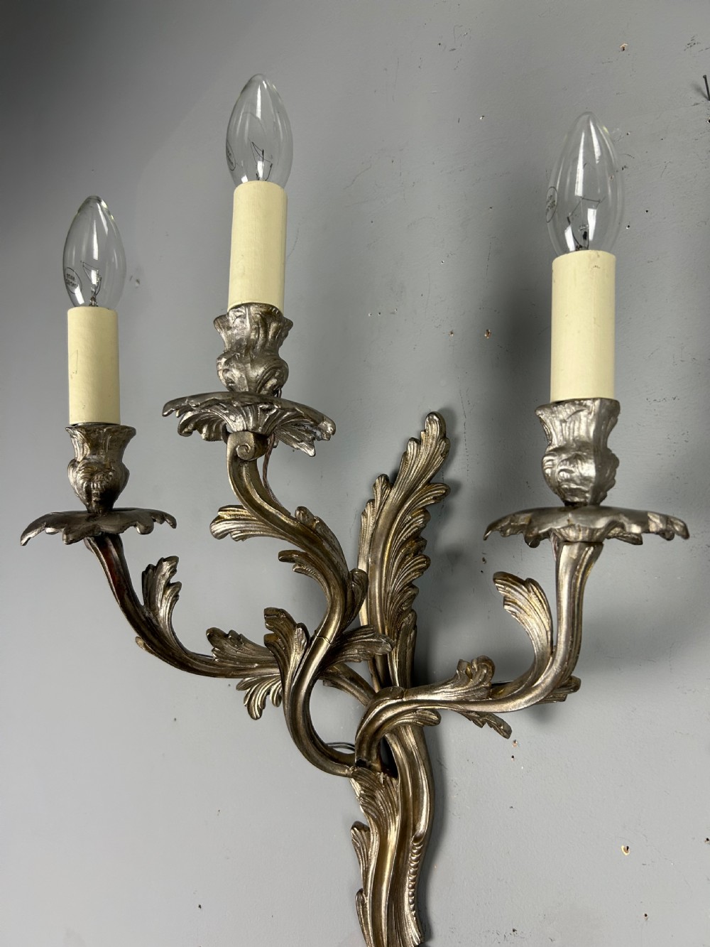 Pair Of French Triple Arm Silver Gilt Brass Antique Wall Lights View II