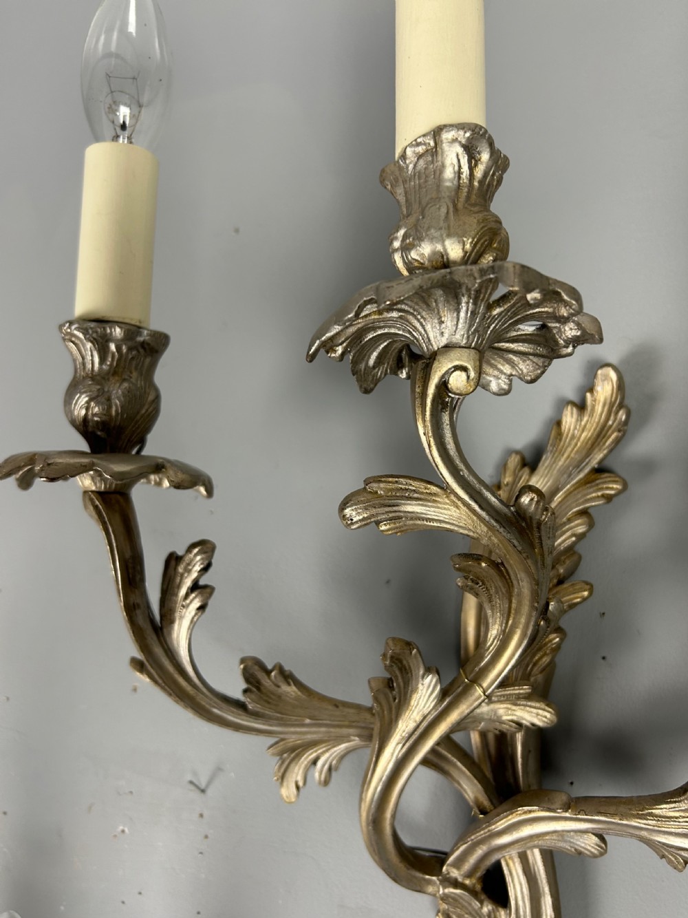 Pair Of French Triple Arm Silver Gilt Brass Antique Wall Lights View III