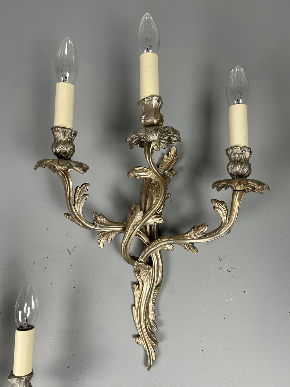 Pair Of French Triple Arm Silver Gilt Brass Antique Wall Lights View V
