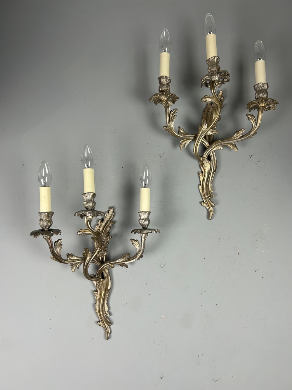 Pair Of French Triple Arm Silver Gilt Brass Antique Wall Lights View VI