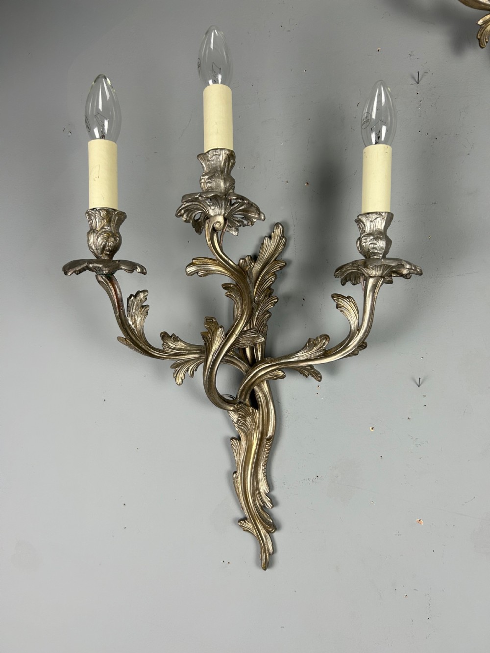 Pair Of French Triple Arm Silver Gilt Brass Antique Wall Lights View VII