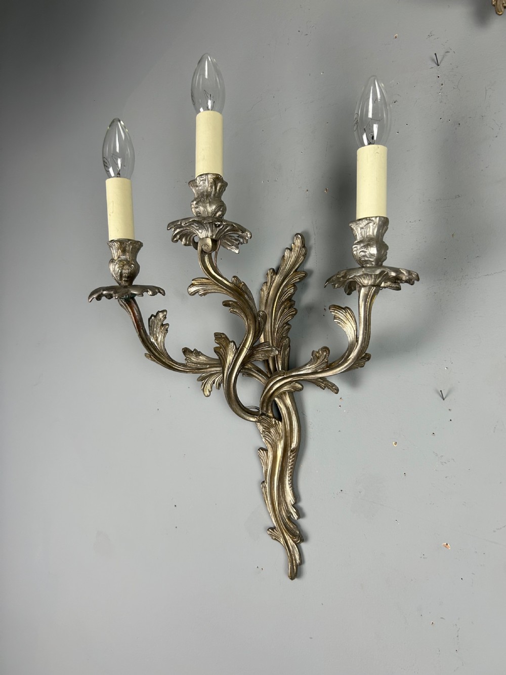 Pair Of French Triple Arm Silver Gilt Brass Antique Wall Lights View VIII
