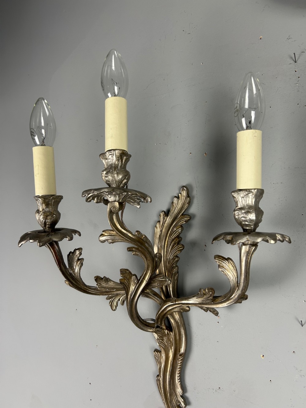 Pair Of French Triple Arm Silver Gilt Brass Antique Wall Lights View IX