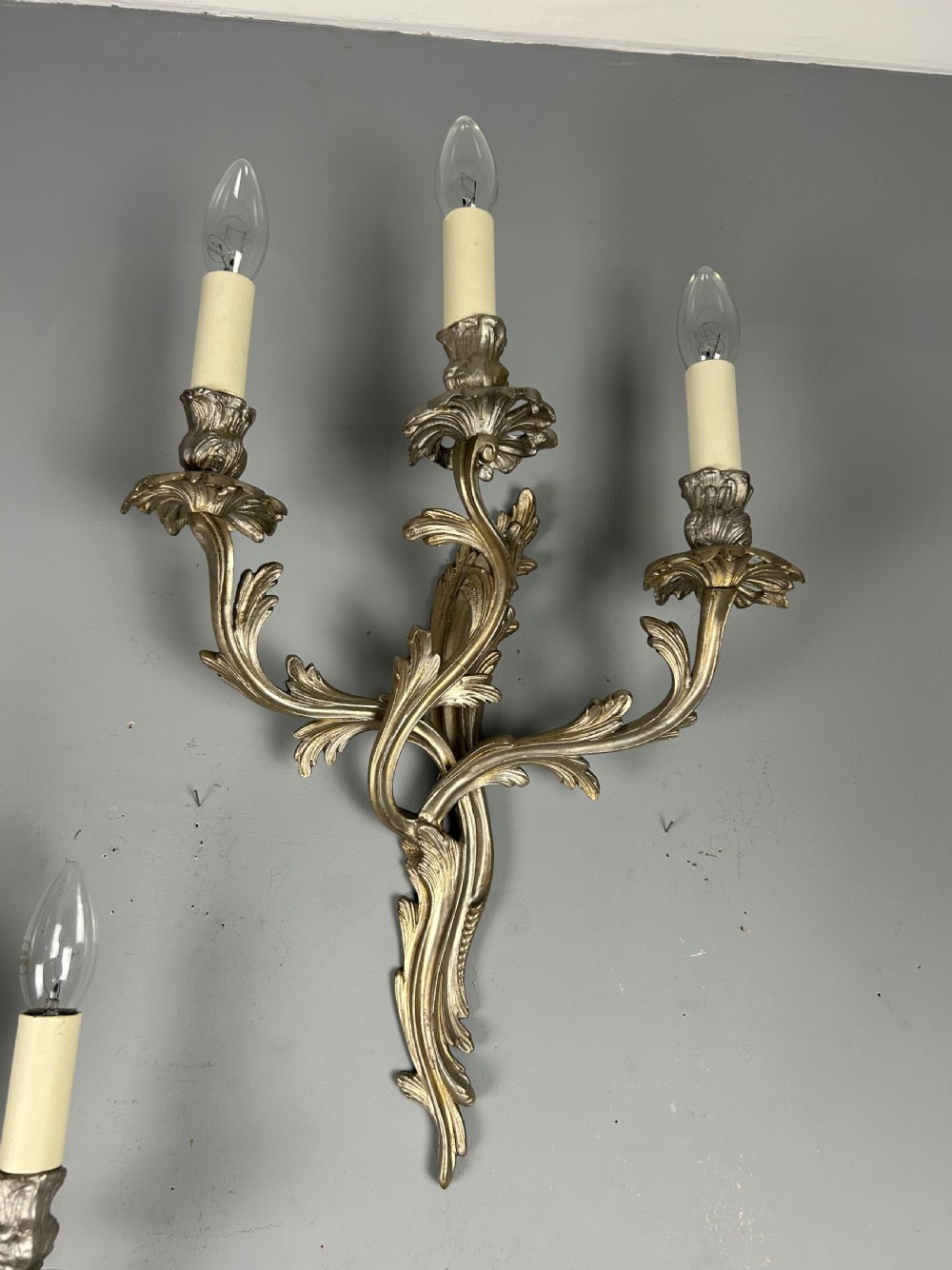 Pair Of French Triple Arm Silver Gilt Brass Antique Wall Lights View X
