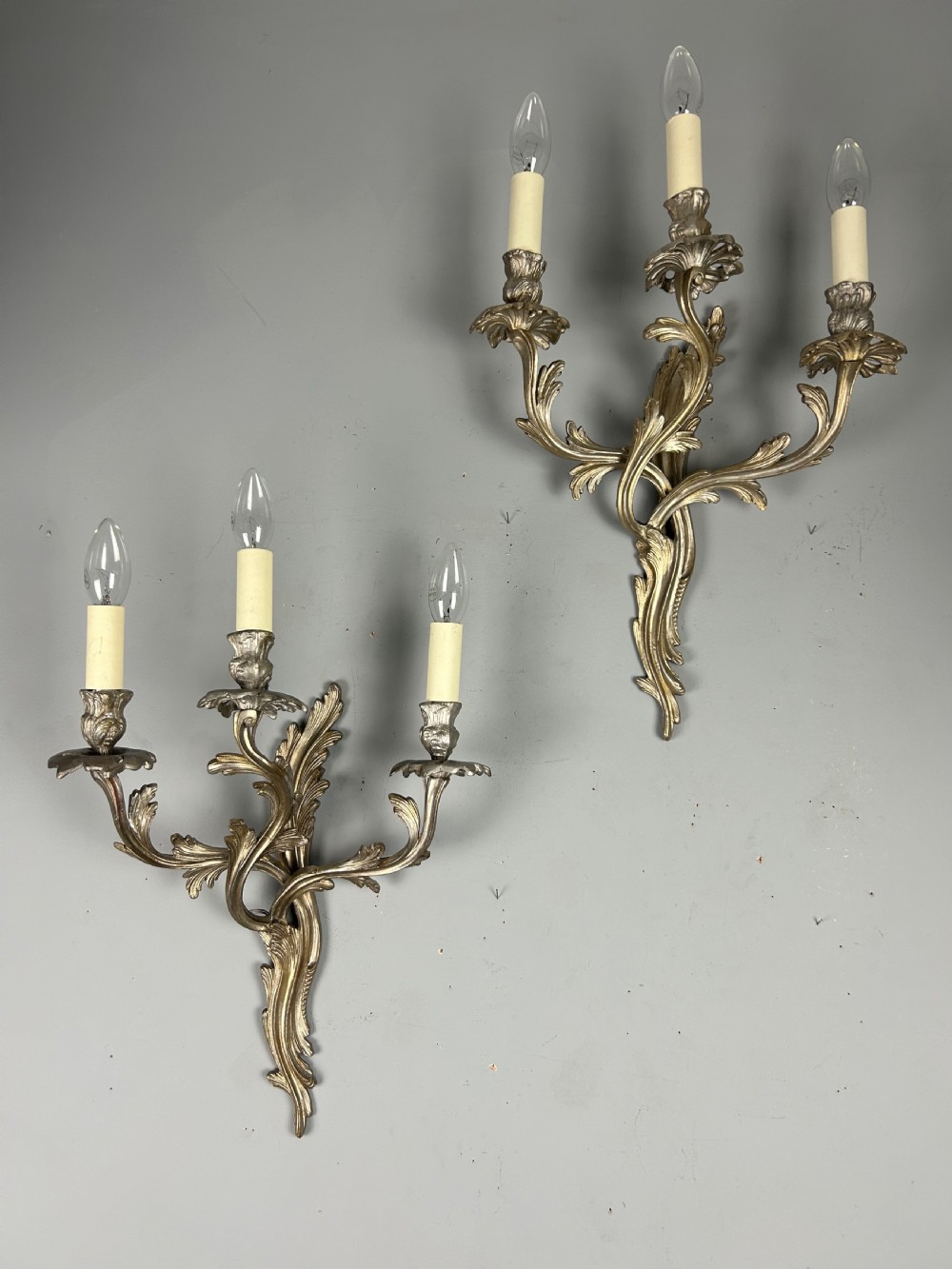 Pair Of French Triple Arm Silver Gilt Brass Antique Wall Lights View XI