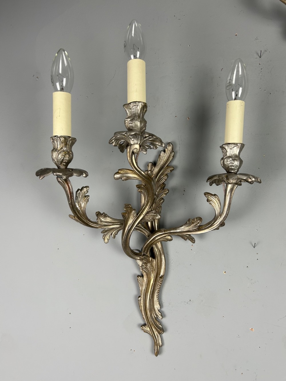 Pair Of French Triple Arm Silver Gilt Brass Antique Wall Lights View XII