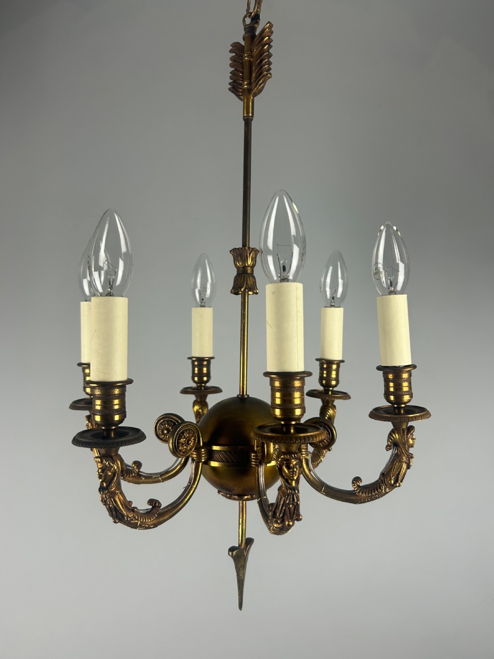 French Empire Bronze Arrow 6 Light Antique Chandelier 