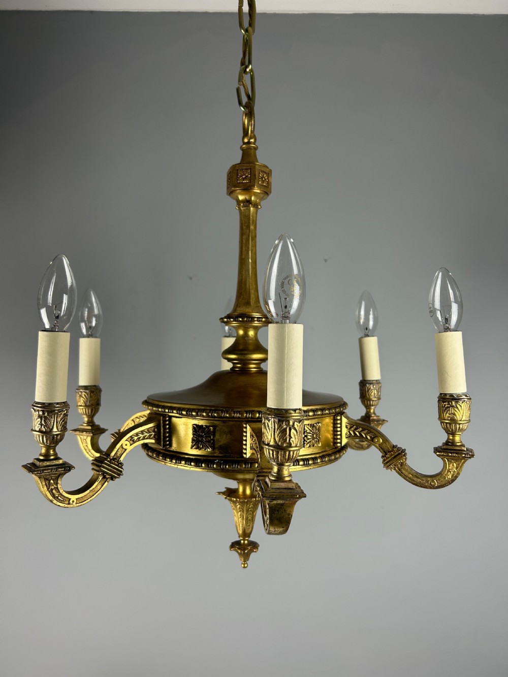 English Art Nouveau c1910 6 Arm Antique Brass Chandelier 
