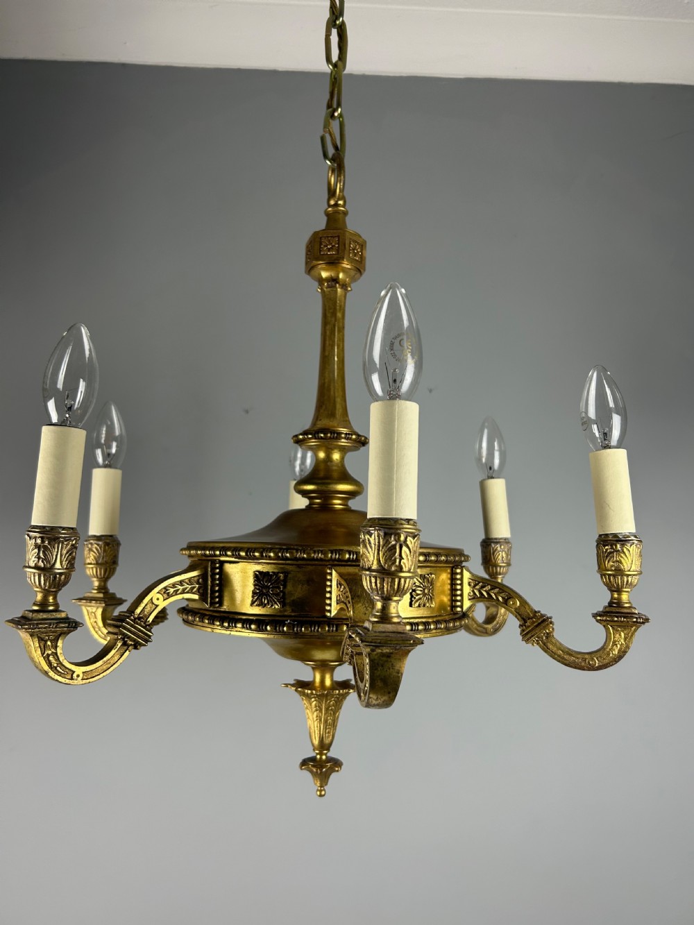 English Art Nouveau c1910 6 Arm Antique Brass Chandelier  View II