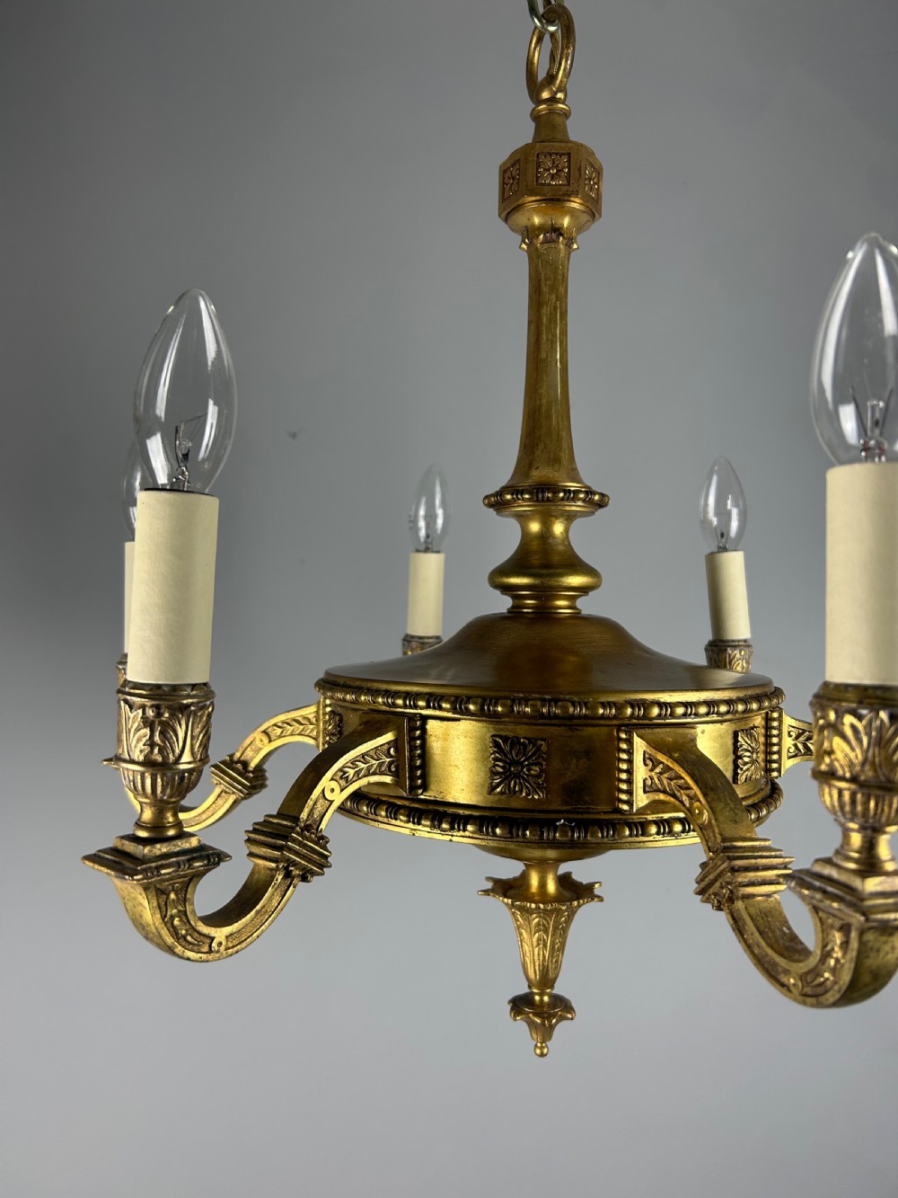 English Art Nouveau c1910 6 Arm Antique Brass Chandelier  View III