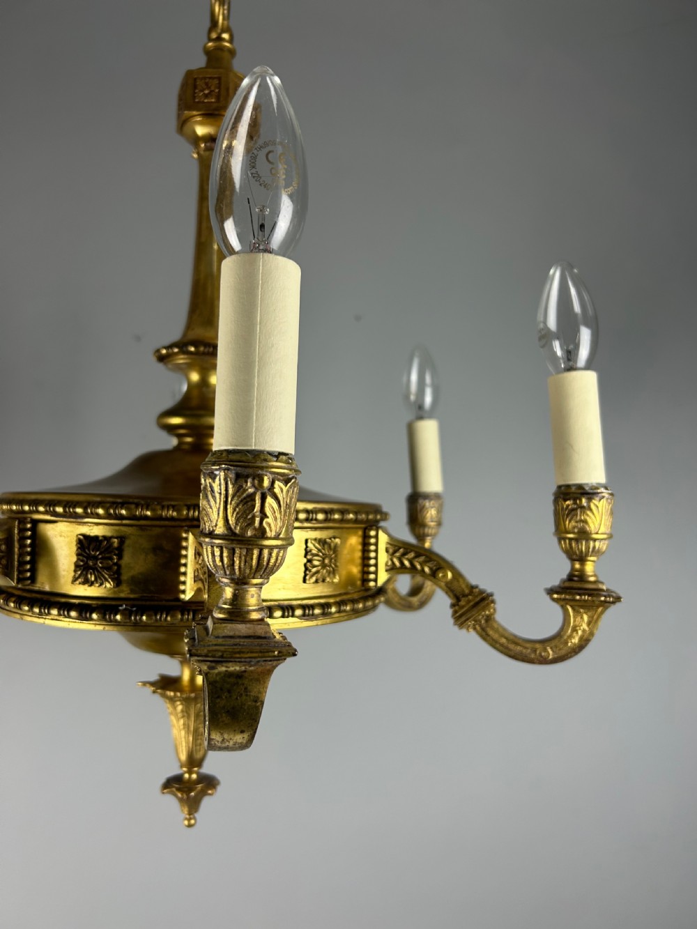 English Art Nouveau c1910 6 Arm Antique Brass Chandelier  View V