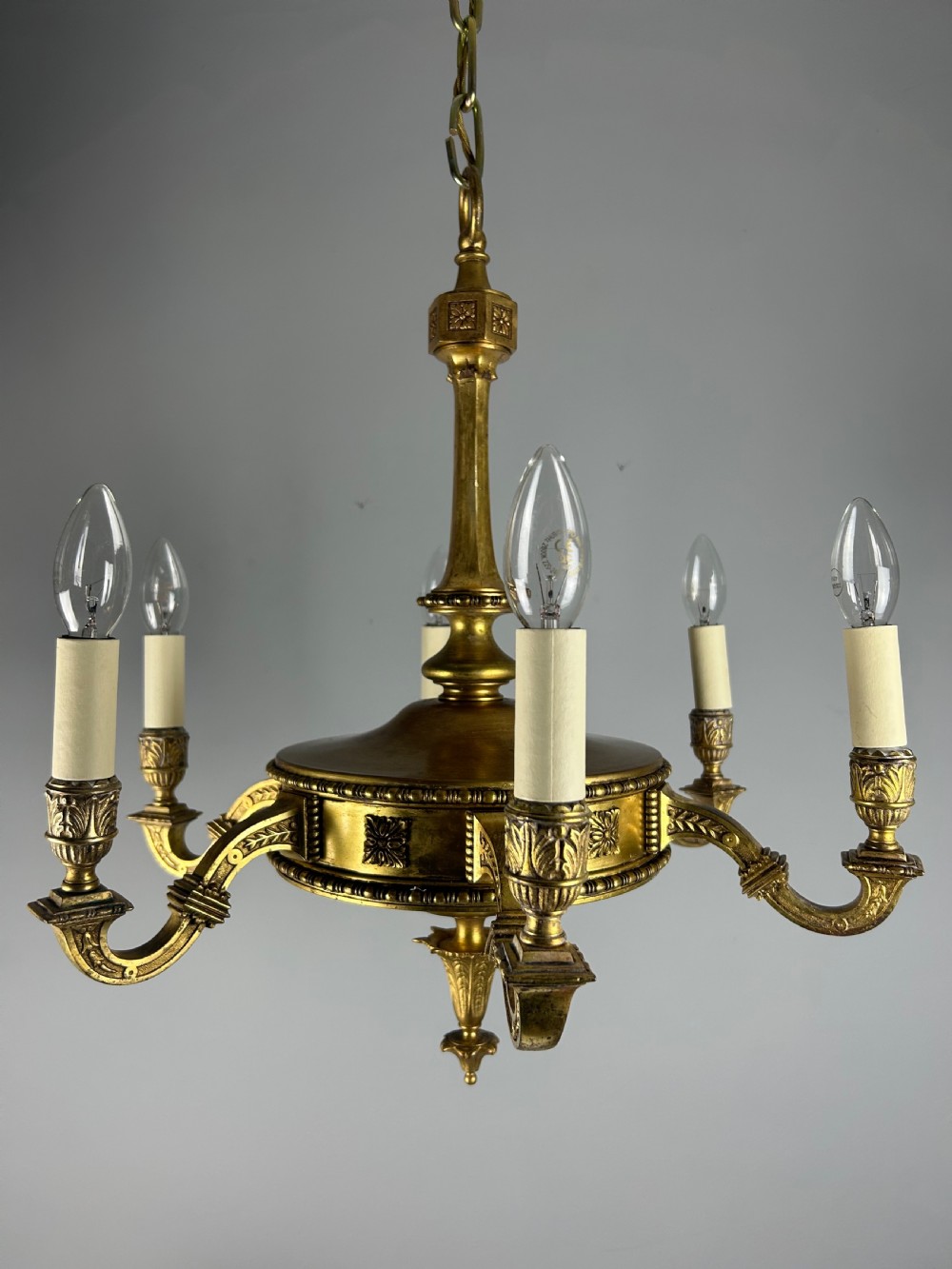 English Art Nouveau c1910 6 Arm Antique Brass Chandelier  View IX