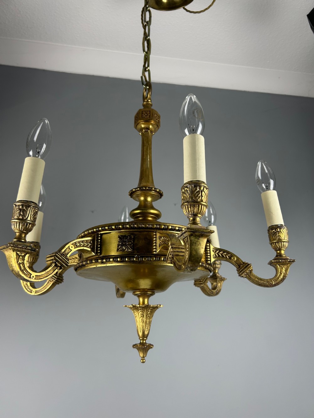 English Art Nouveau c1910 6 Arm Antique Brass Chandelier  View XI