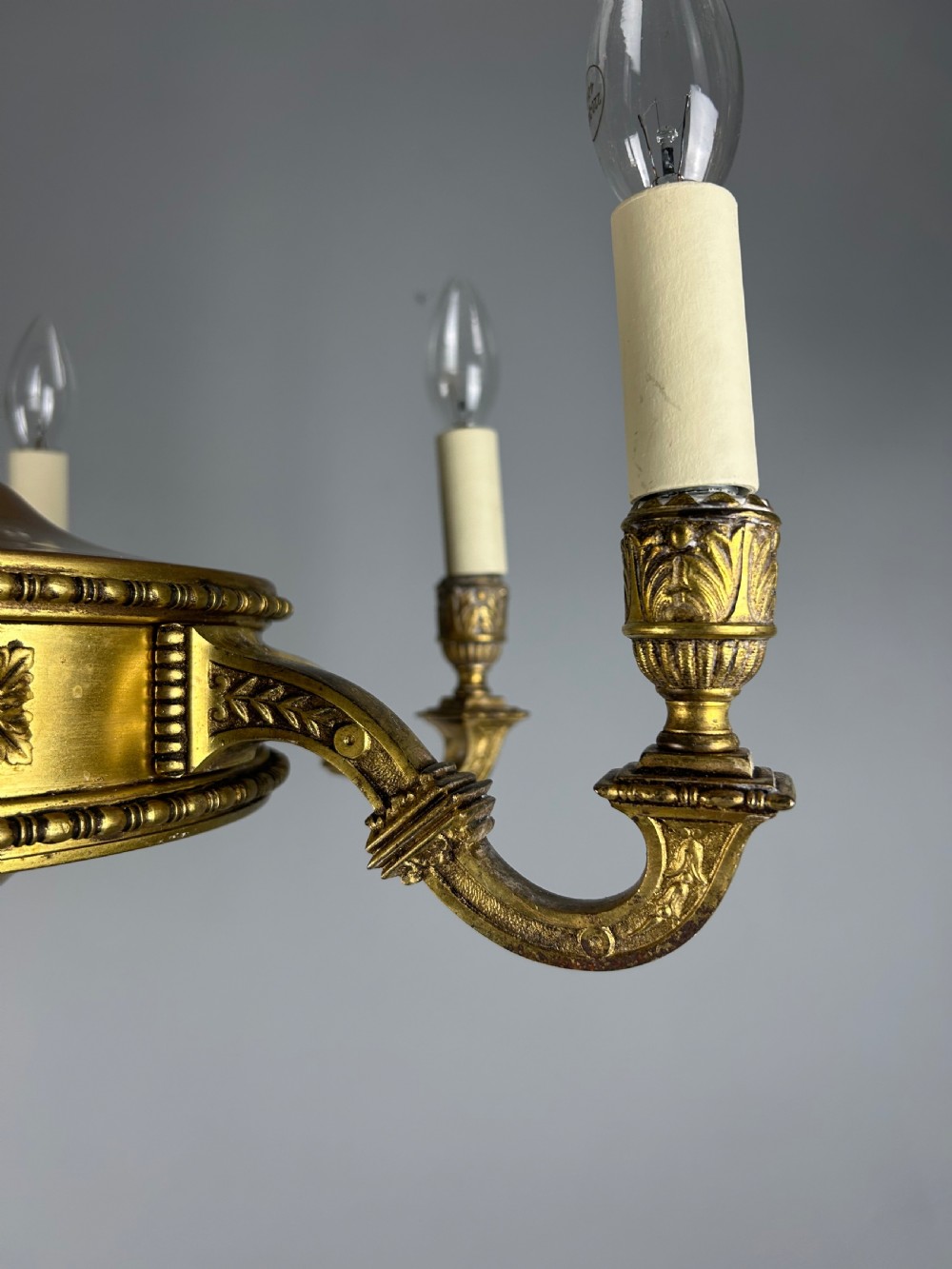 English Art Nouveau c1910 6 Arm Antique Brass Chandelier  View XII