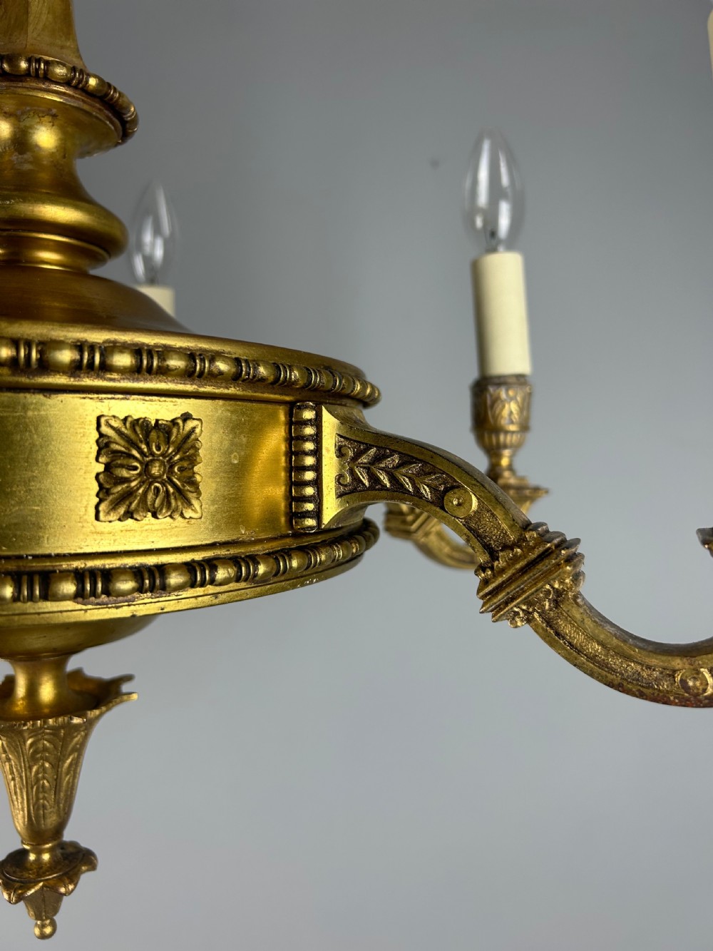 English Art Nouveau c1910 6 Arm Antique Brass Chandelier  View XIII