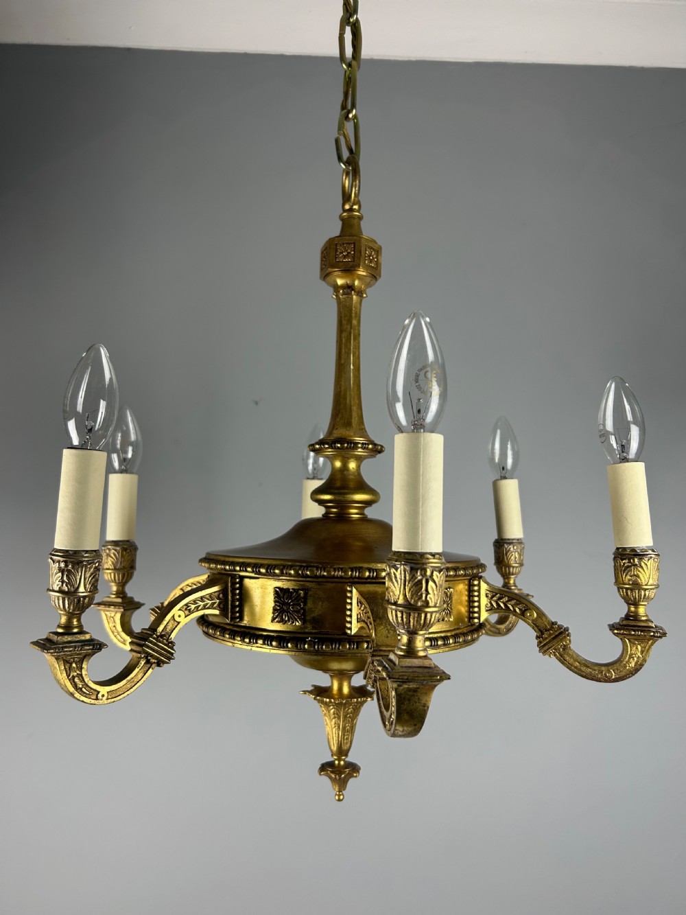 English Art Nouveau c1910 6 Arm Antique Brass Chandelier  View XIV