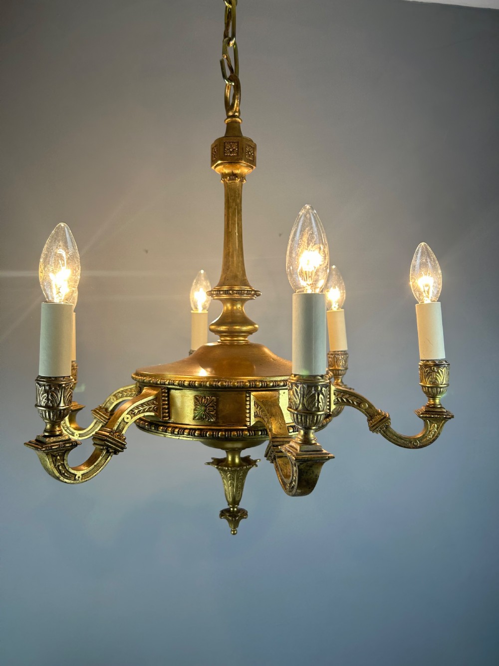 English Art Nouveau c1910 6 Arm Antique Brass Chandelier  View XV