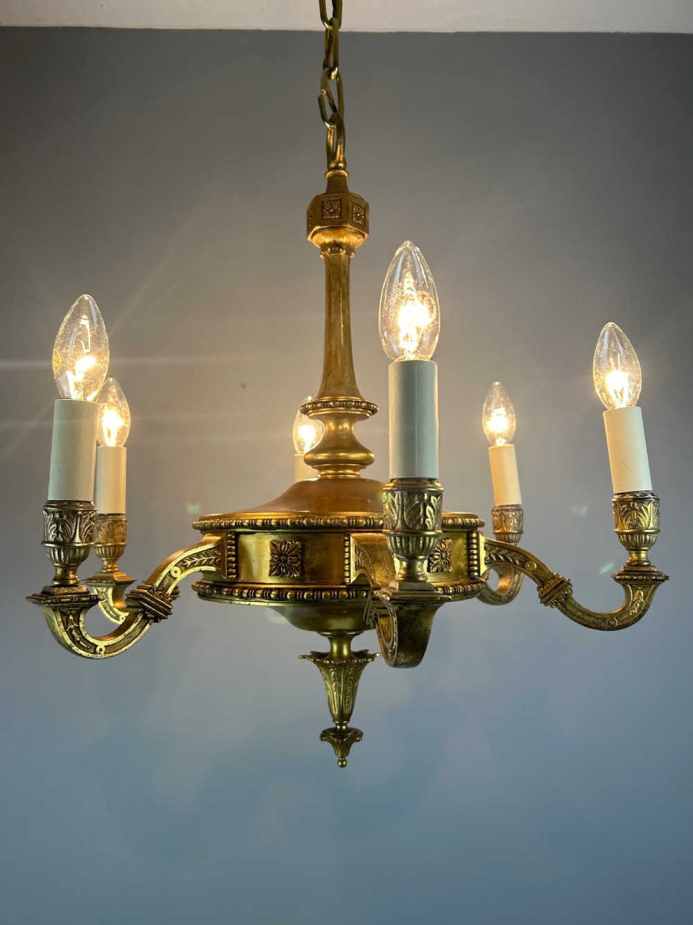 English Art Nouveau c1910 6 Arm Antique Brass Chandelier  View XVI