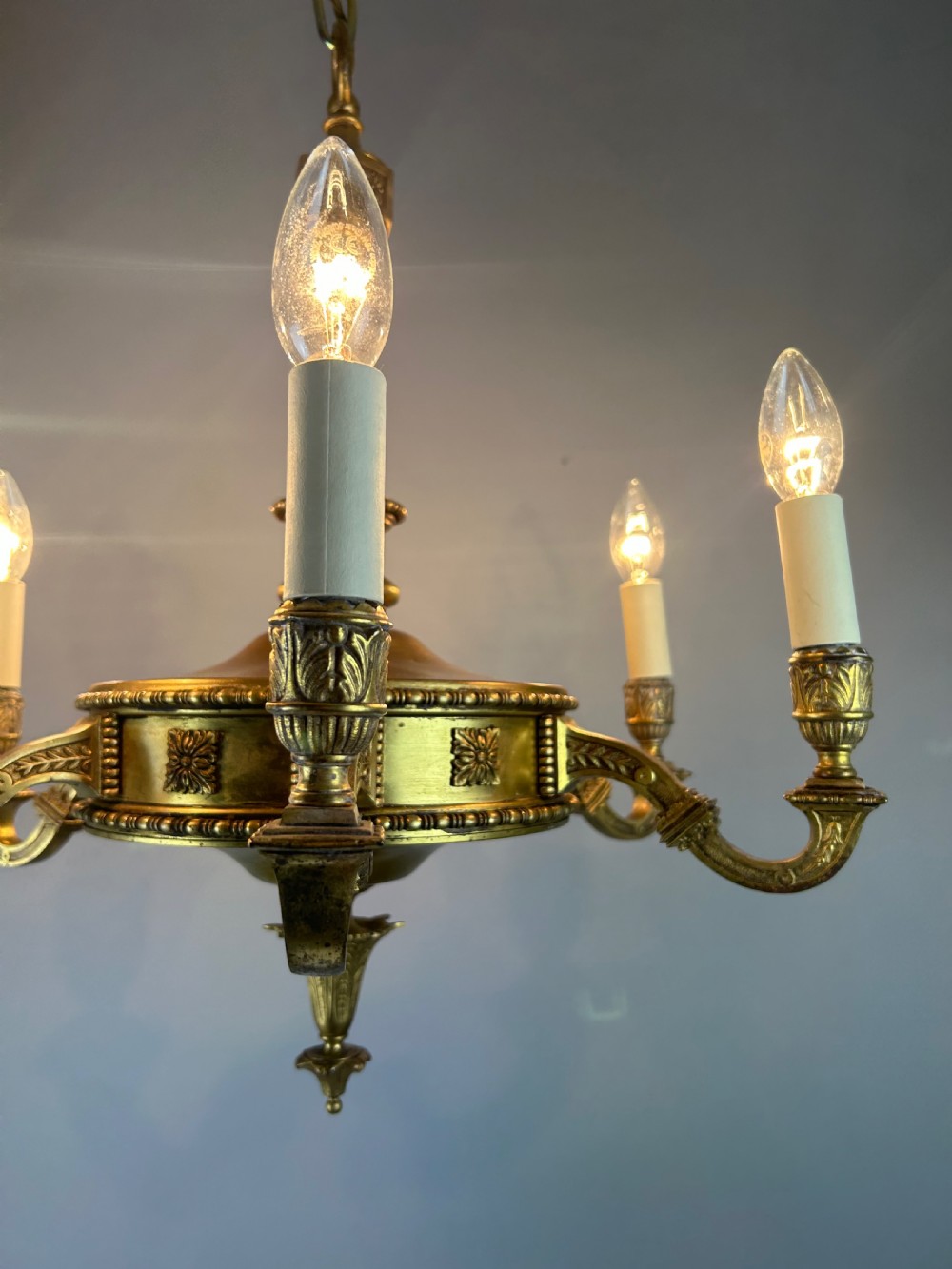English Art Nouveau c1910 6 Arm Antique Brass Chandelier  View XVII
