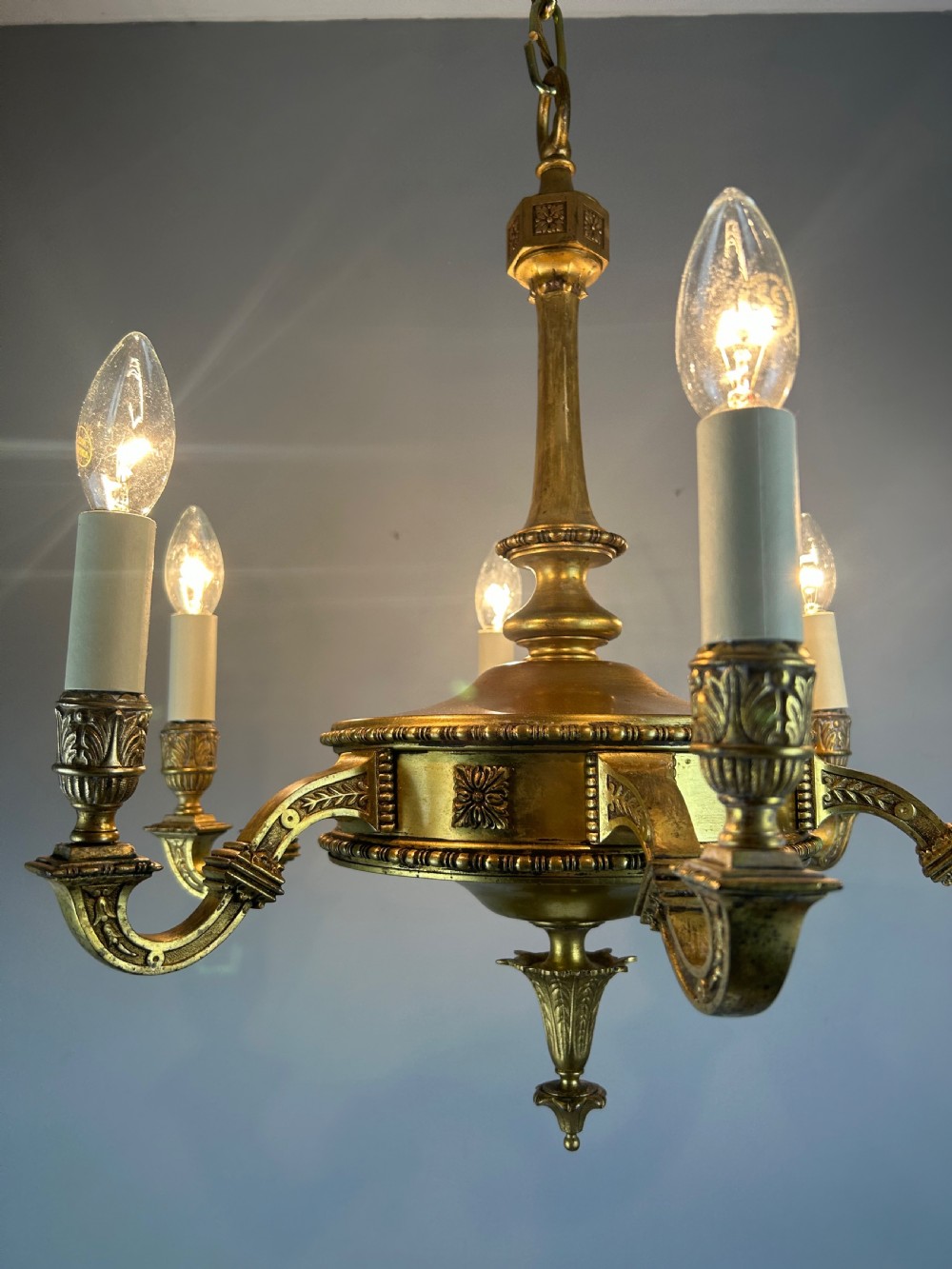 English Art Nouveau c1910 6 Arm Antique Brass Chandelier  View XX