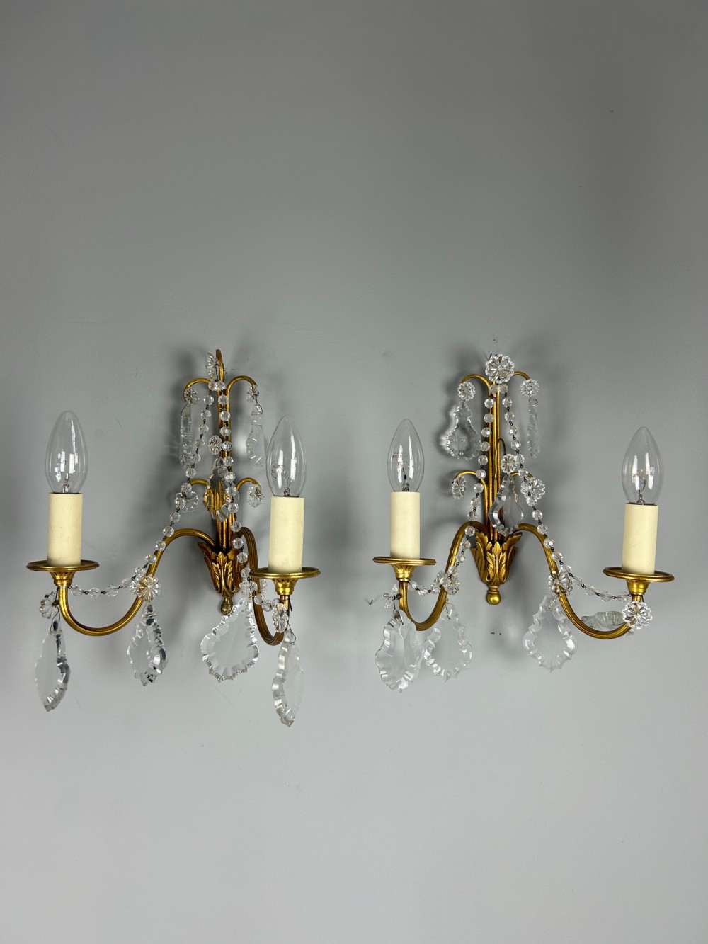 Pair of French Gilded Twin Arm Antique Wall Light With Glass Droppers View II