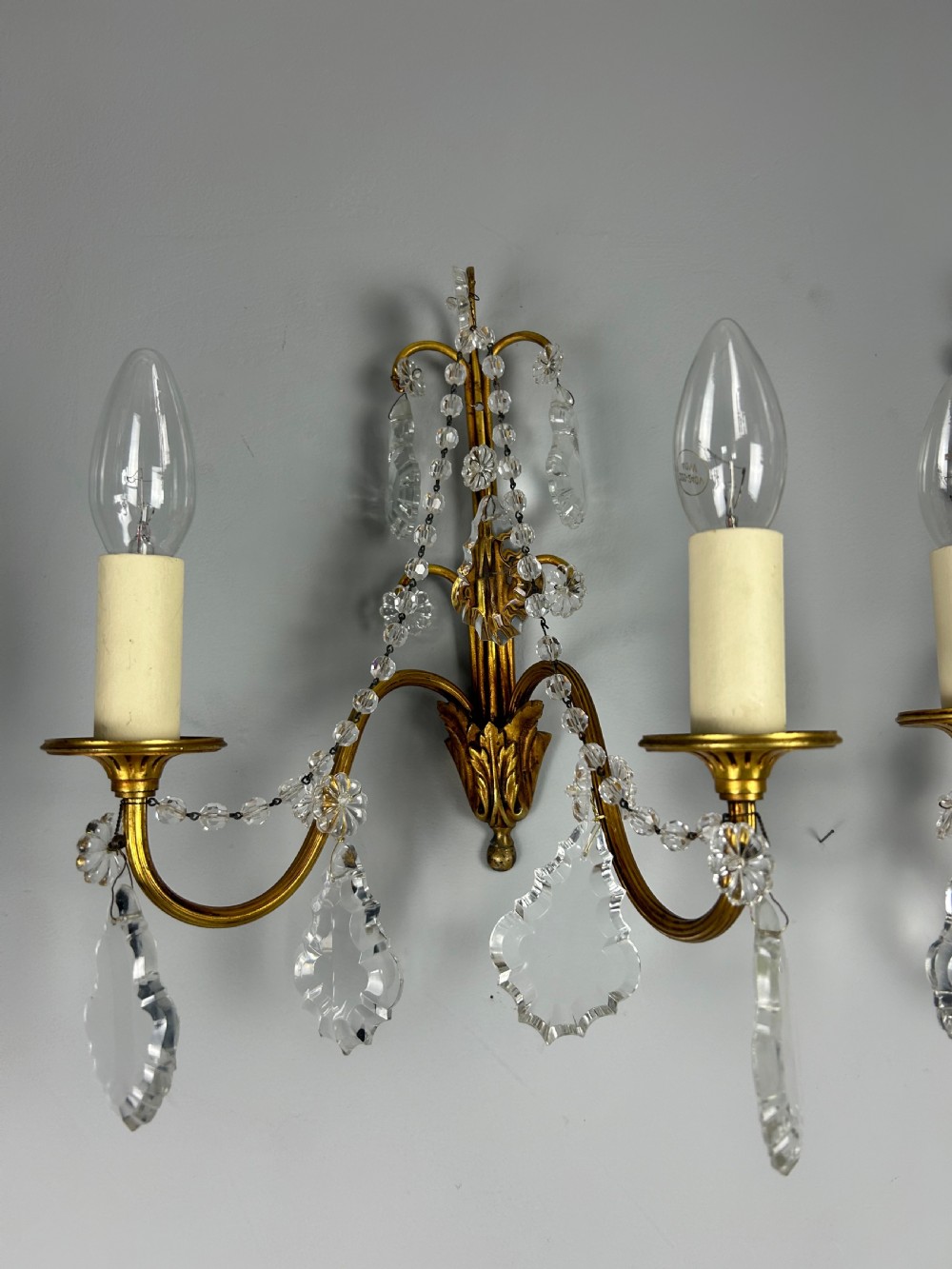 Pair of French Gilded Twin Arm Antique Wall Light With Glass Droppers View III