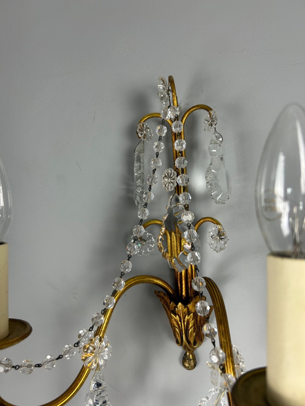 Pair of French Gilded Twin Arm Antique Wall Light With Glass Droppers View IV