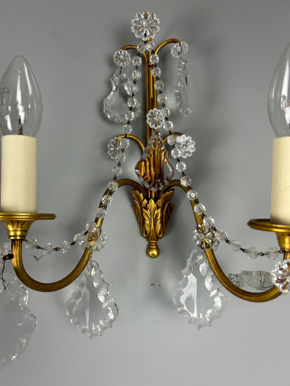 Pair of French Gilded Twin Arm Antique Wall Light With Glass Droppers View V