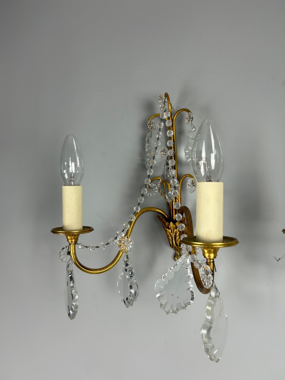 Pair of French Gilded Twin Arm Antique Wall Light With Glass Droppers View VI