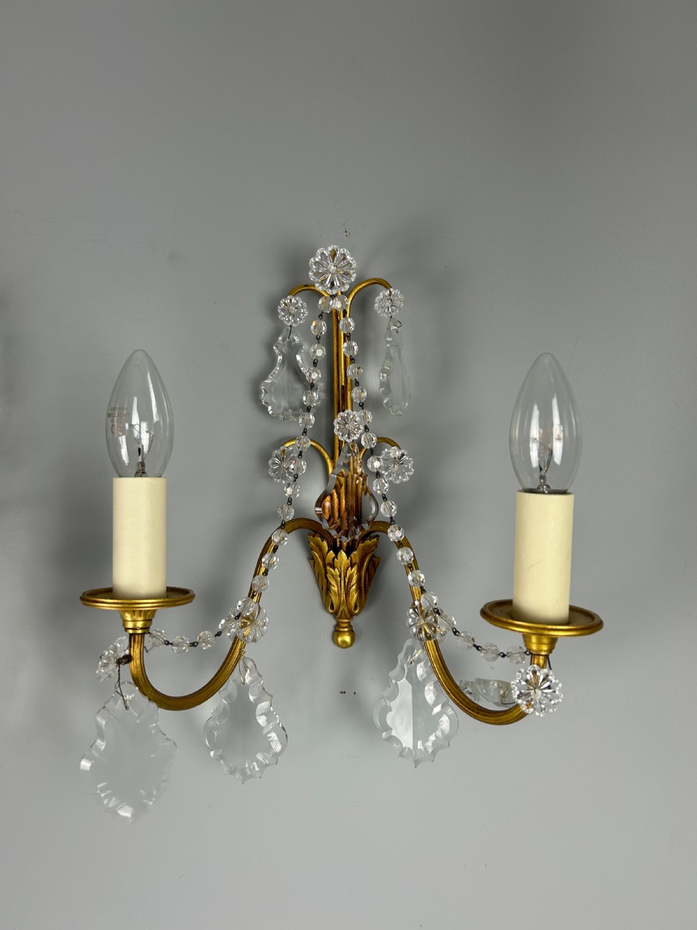 Pair of French Gilded Twin Arm Antique Wall Light With Glass Droppers View VII