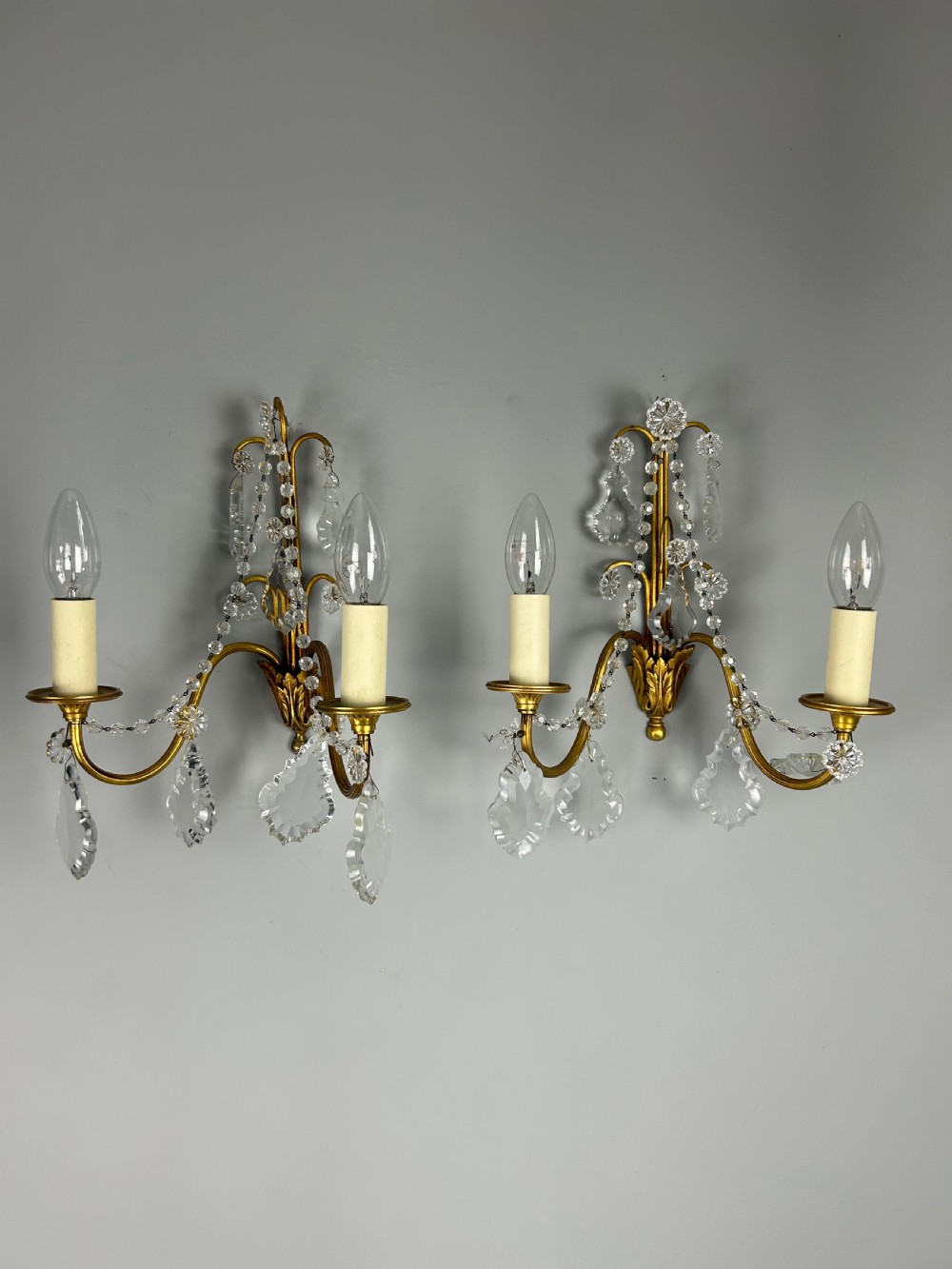 Pair of French Gilded Twin Arm Antique Wall Light With Glass Droppers View VIII