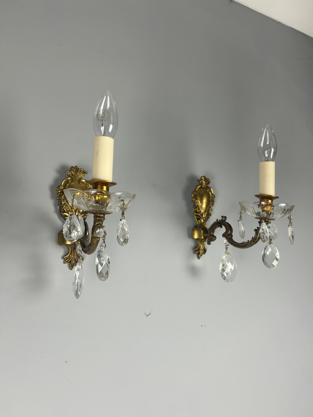 Pair of French Single Arm Brass Antique Wall Lights with Glass Droppers 