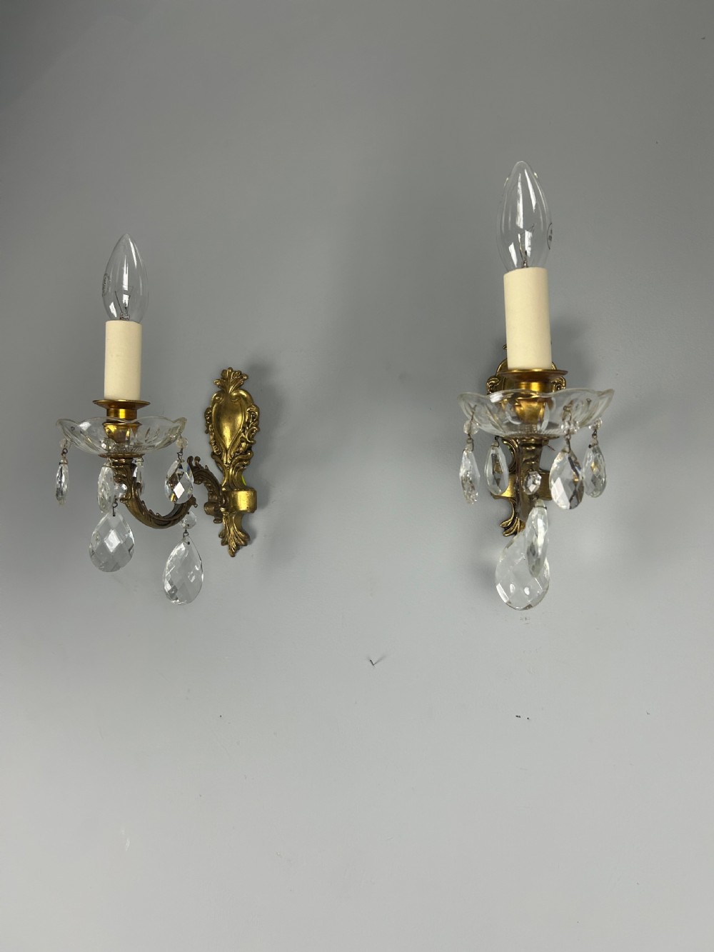 Pair of French Single Arm Brass Antique Wall Lights with Glass Droppers  View II